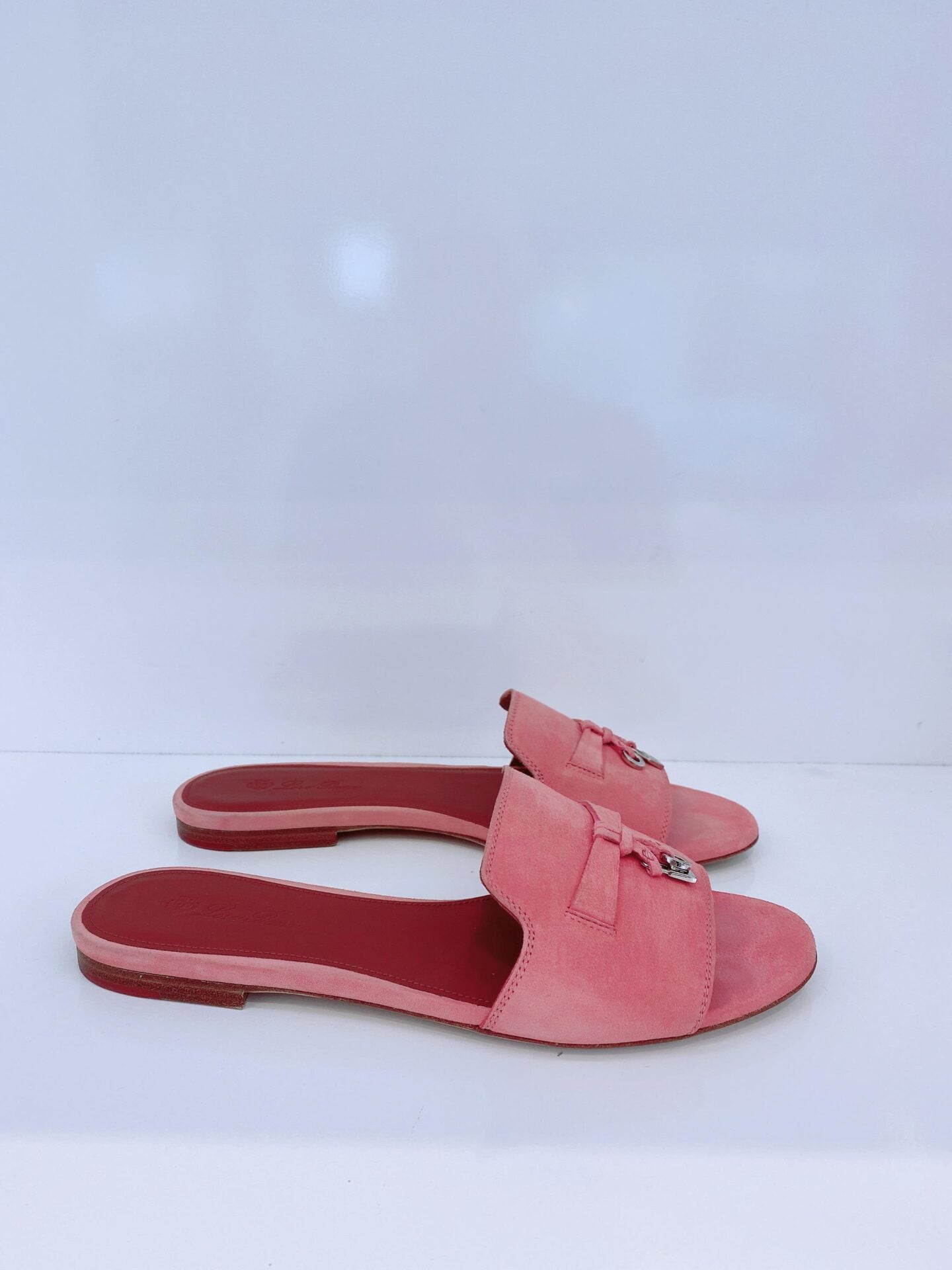 PINK SUEDE CHARM SLIDE SANDALS  38