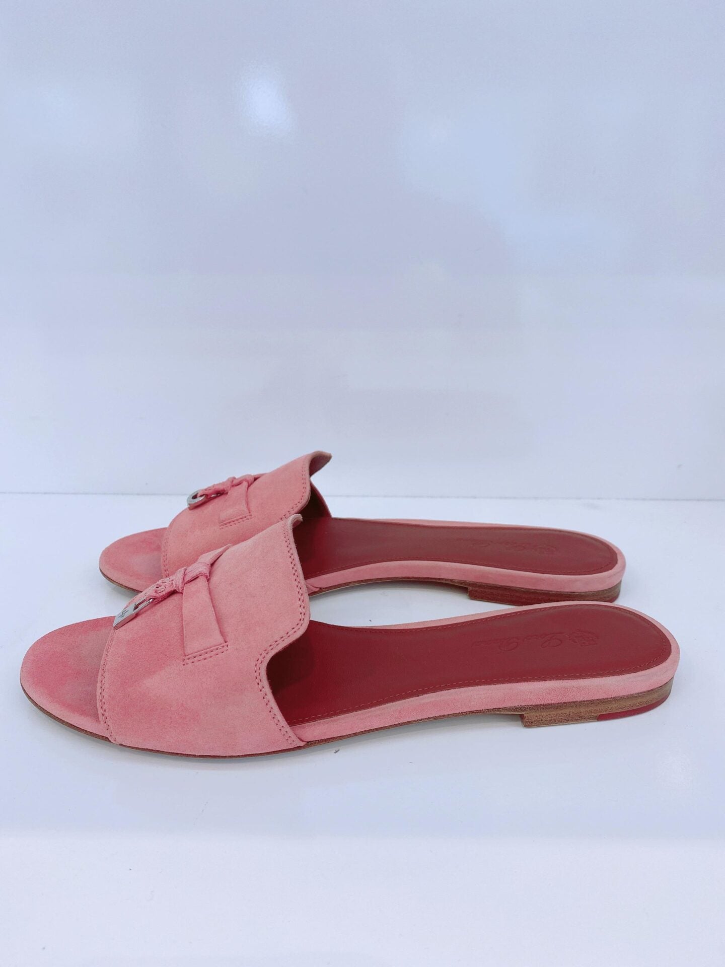 PINK SUEDE CHARM SLIDE SANDALS  38