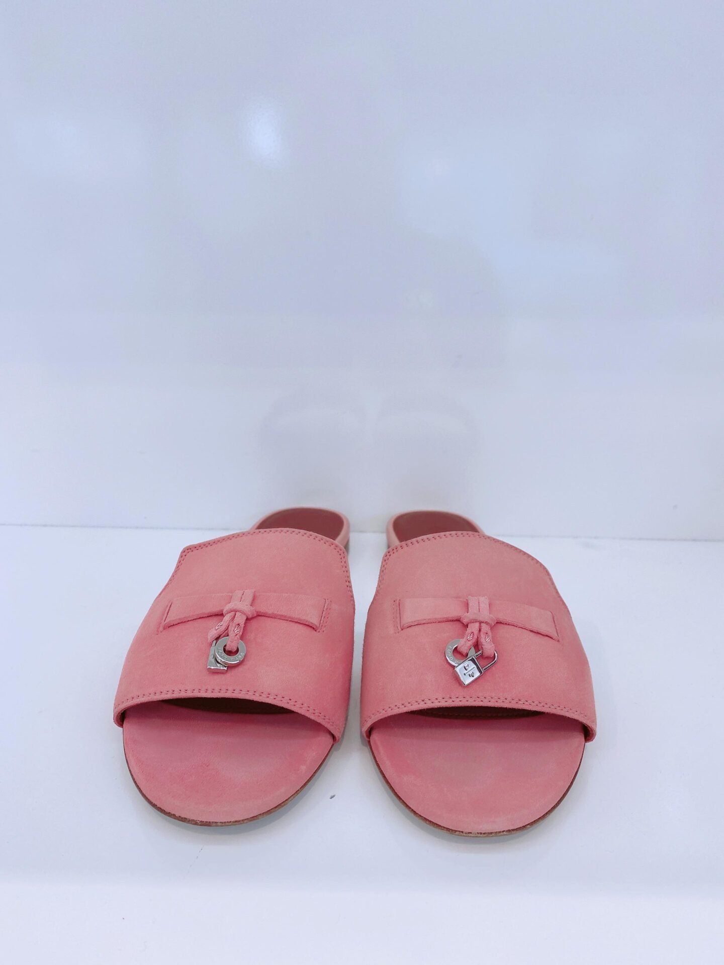 PINK SUEDE CHARM SLIDE SANDALS  38