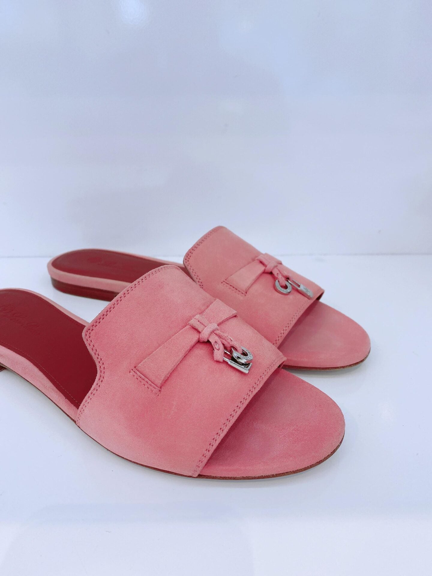 PINK SUEDE CHARM SLIDE SANDALS  38