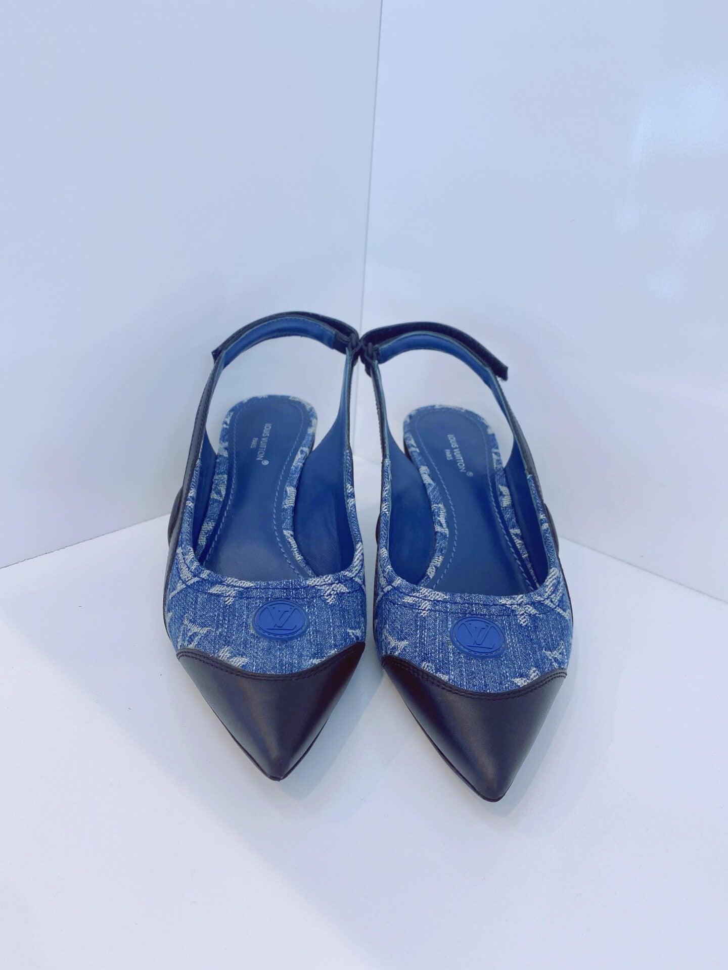 DENIM BLUE MONOGRAM BLACK CALF LEATHER ARCHLIGHT SLINGBACK PUMPS 37