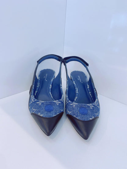 DENIM BLUE MONOGRAM BLACK CALF LEATHER ARCHLIGHT SLINGBACK PUMPS 37