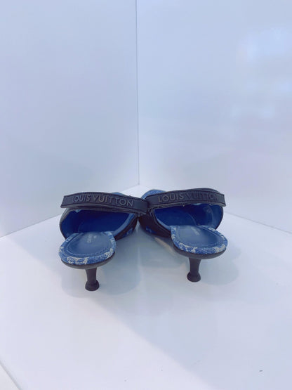 DENIM BLUE MONOGRAM BLACK CALF LEATHER ARCHLIGHT SLINGBACK PUMPS 37