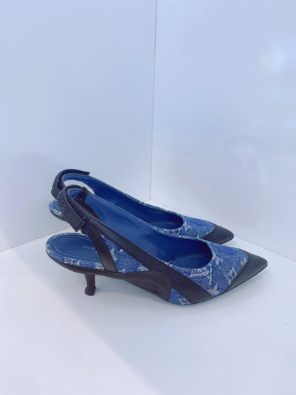DENIM BLUE MONOGRAM BLACK CALF LEATHER ARCHLIGHT SLINGBACK PUMPS 37