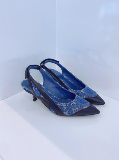 DENIM BLUE MONOGRAM BLACK CALF LEATHER ARCHLIGHT SLINGBACK PUMPS 37