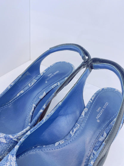 DENIM BLUE MONOGRAM BLACK CALF LEATHER ARCHLIGHT SLINGBACK PUMPS 37