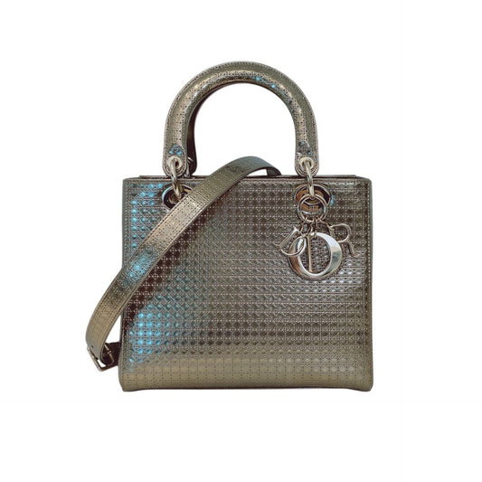 ROSE GOLD MICROCANNAGE MIRRORED LEATHER MEDIUM LADY DIOR TOTE BAG