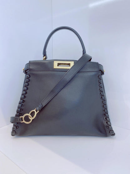 BLACK LEATHER MEDIUM WHIPSTITCHED PEEKABOO TOP HANDLE BAG