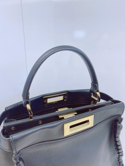 BLACK LEATHER MEDIUM WHIPSTITCHED PEEKABOO TOP HANDLE BAG