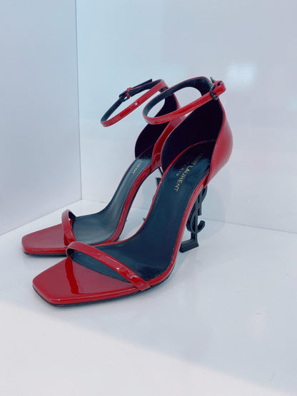 RED PATENT LEATHER AMBER ANKLE STRAP SANDALS 38. 5