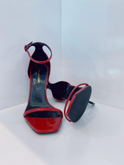 RED PATENT LEATHER AMBER ANKLE STRAP SANDALS 38. 5