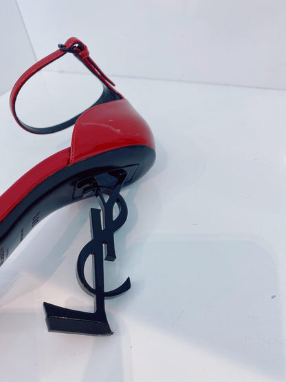 RED PATENT LEATHER AMBER ANKLE STRAP SANDALS 38. 5