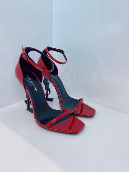 RED PATENT LEATHER AMBER ANKLE STRAP SANDALS 38. 5