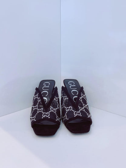 BLACK GG CRYSTAL EMBELLISHED MESH MULES 35.5