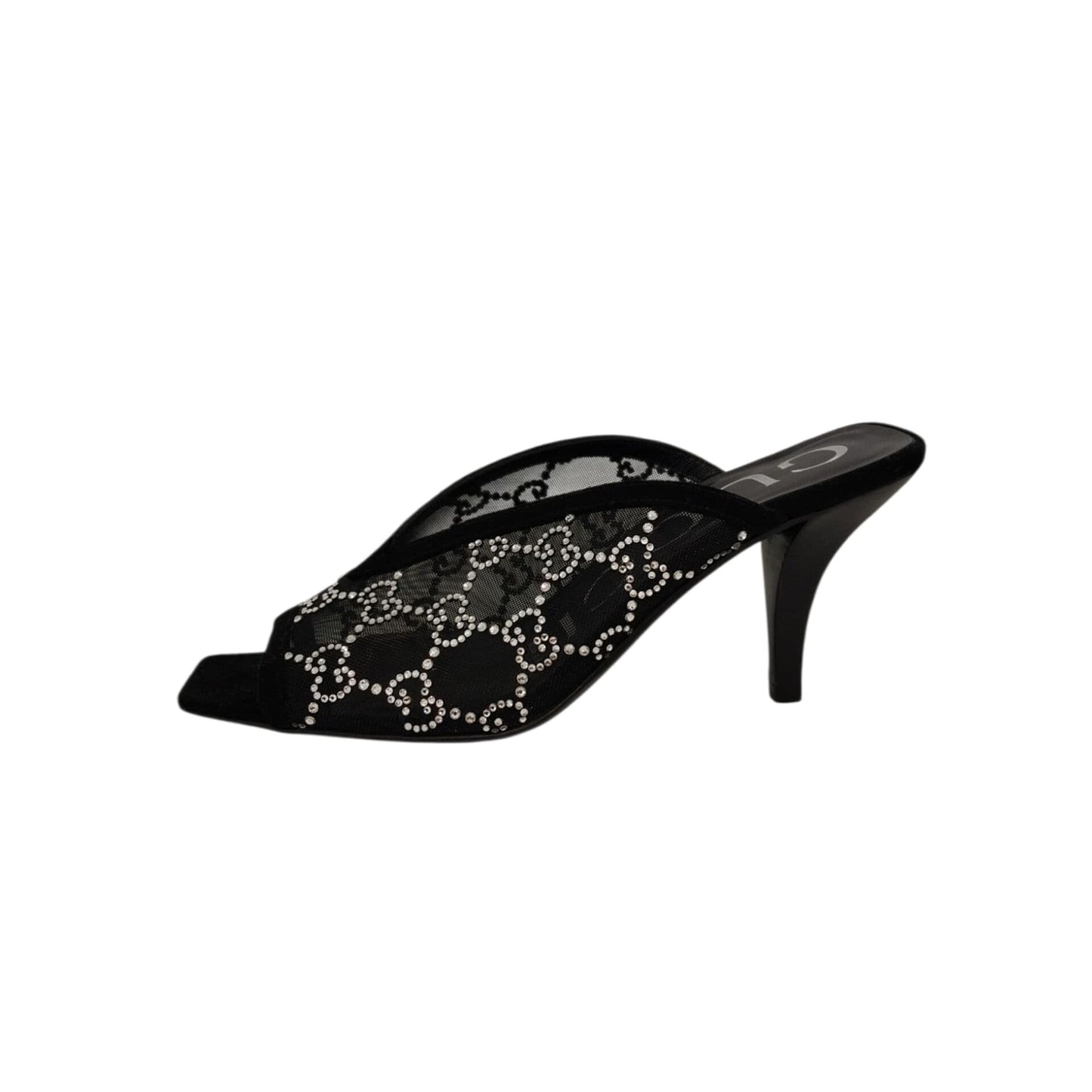 BLACK GG CRYSTAL EMBELLISHED MESH MULES 35.5