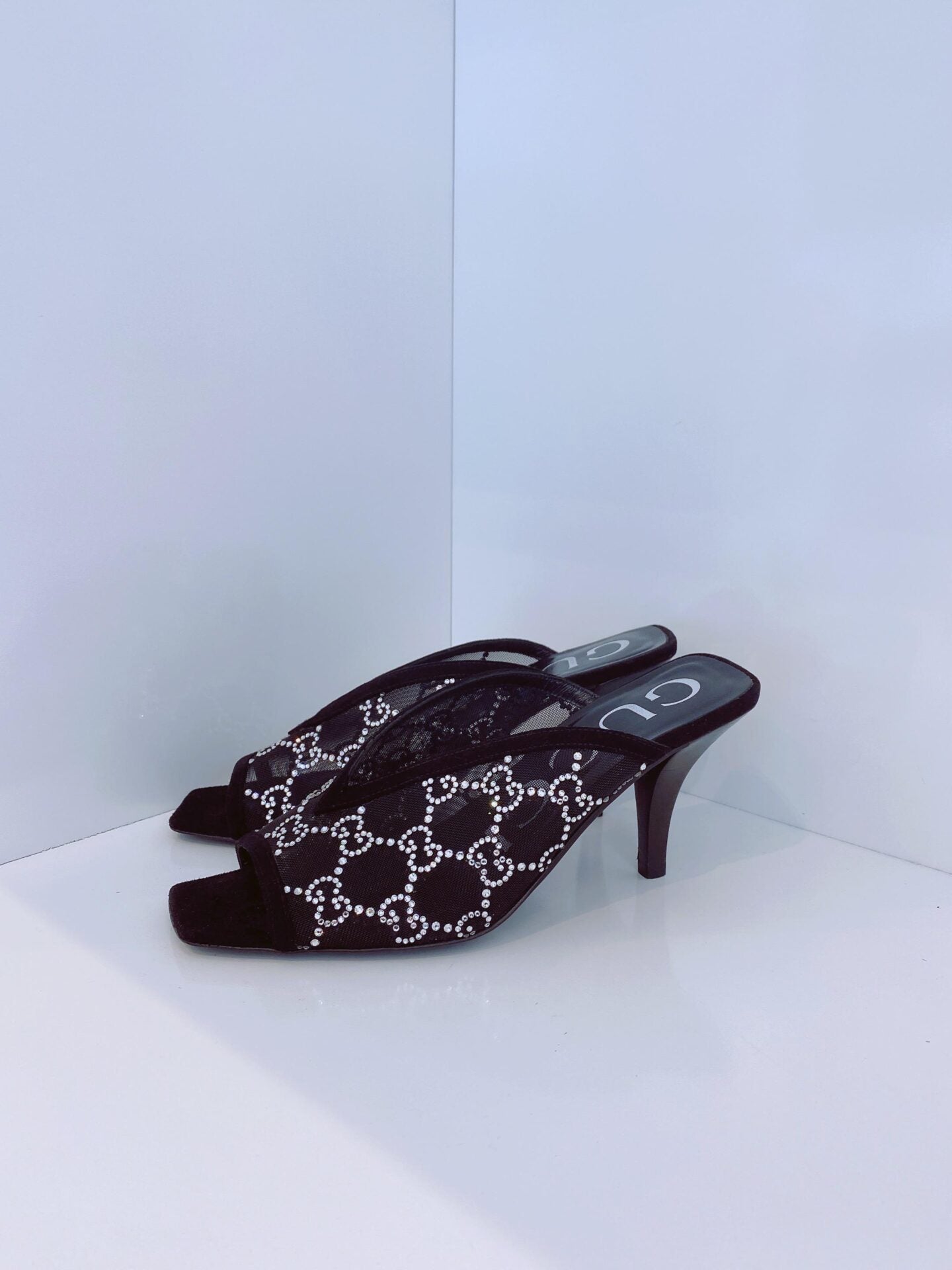 BLACK GG CRYSTAL EMBELLISHED MESH MULES 35.5