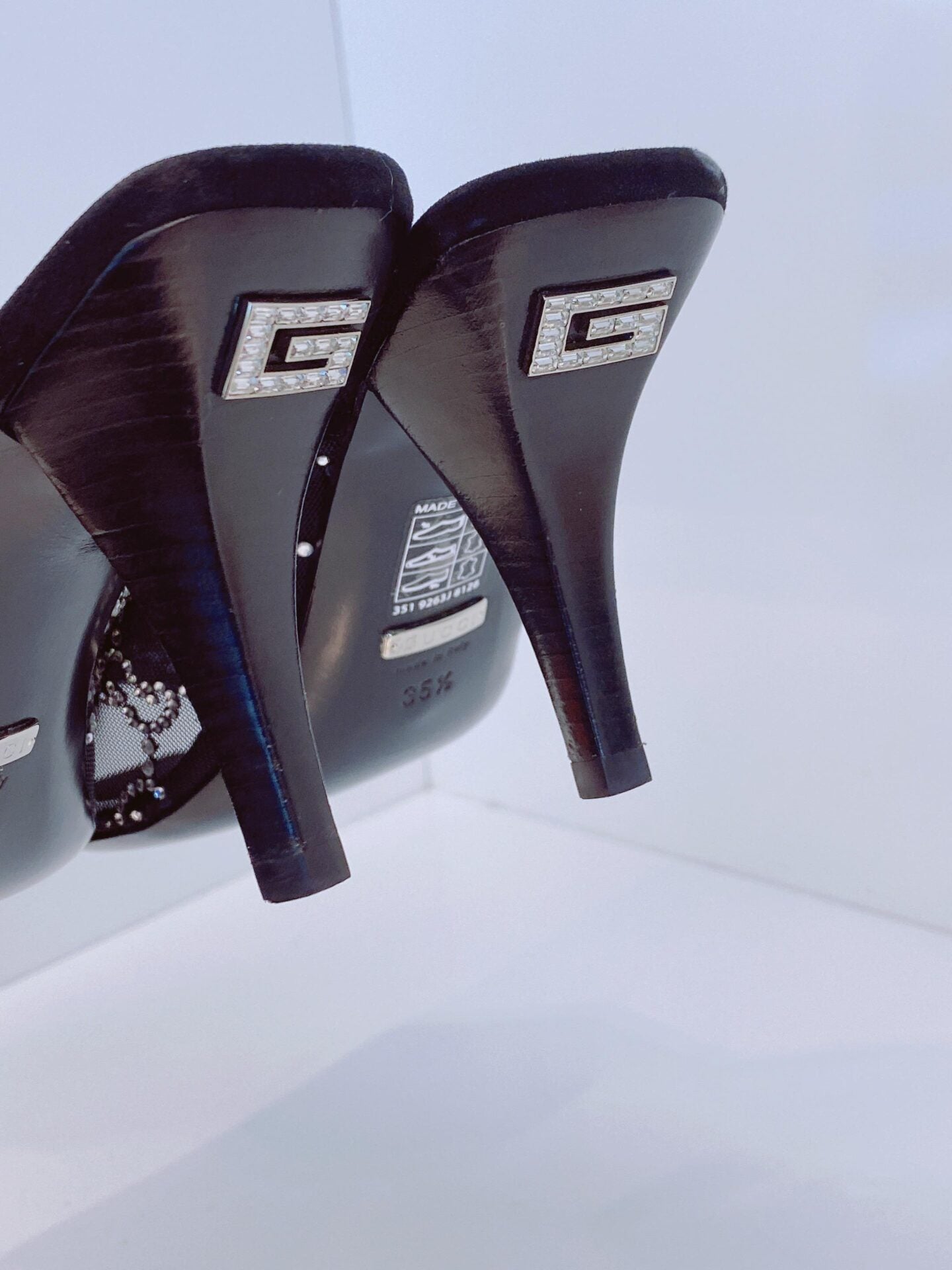 BLACK GG CRYSTAL EMBELLISHED MESH MULES 35.5