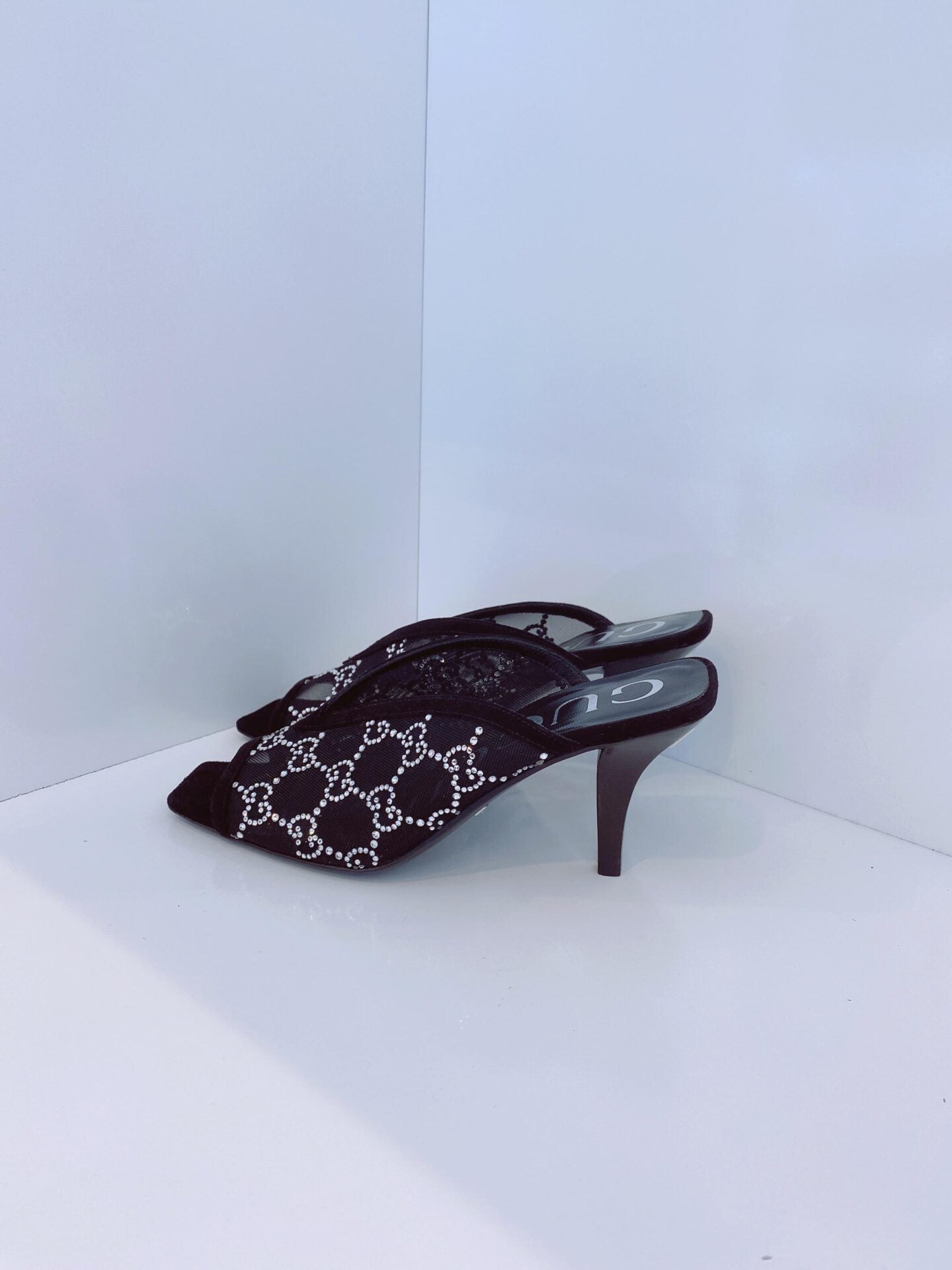 BLACK GG CRYSTAL EMBELLISHED MESH MULES 35.5