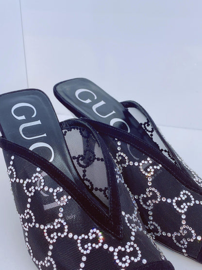 BLACK GG CRYSTAL EMBELLISHED MESH MULES 35.5