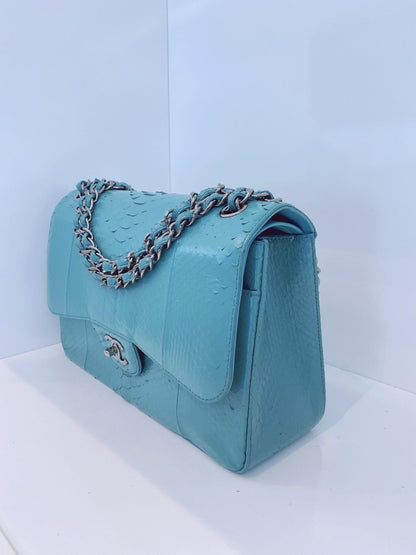 TURQUOISE PYTHON LEATHER JUMBO CLASSIC DOUBLE FLAP HANDBAG SILVER HARDWARE