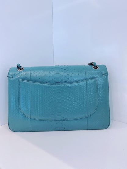 TURQUOISE PYTHON LEATHER JUMBO CLASSIC DOUBLE FLAP HANDBAG SILVER HARDWARE
