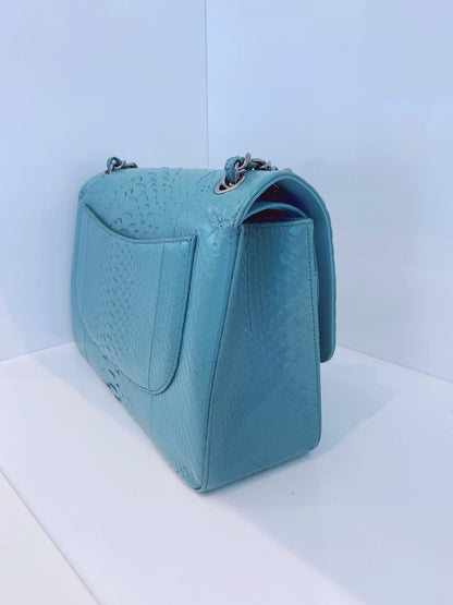 TURQUOISE PYTHON LEATHER JUMBO CLASSIC DOUBLE FLAP HANDBAG SILVER HARDWARE
