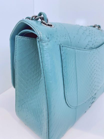 TURQUOISE PYTHON LEATHER JUMBO CLASSIC DOUBLE FLAP HANDBAG SILVER HARDWARE
