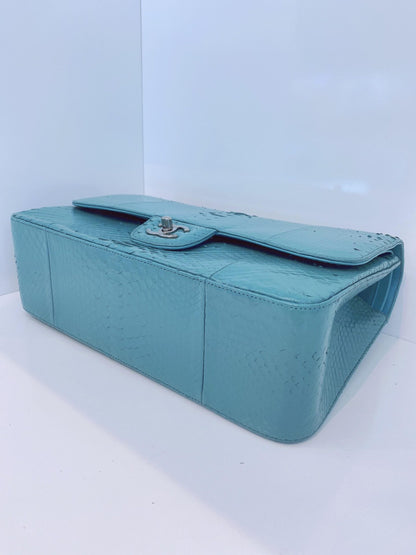 TURQUOISE PYTHON LEATHER JUMBO CLASSIC DOUBLE FLAP HANDBAG SILVER HARDWARE