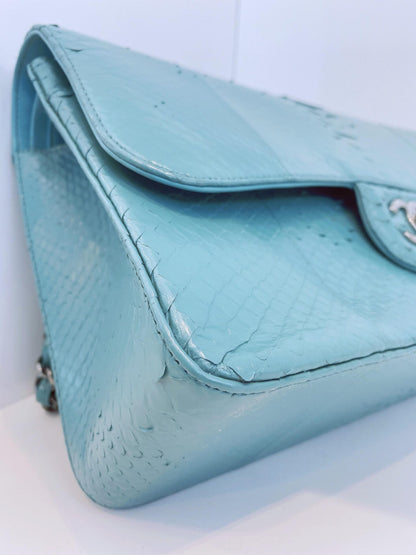 TURQUOISE PYTHON LEATHER JUMBO CLASSIC DOUBLE FLAP HANDBAG SILVER HARDWARE
