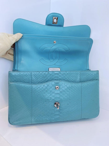 TURQUOISE PYTHON LEATHER JUMBO CLASSIC DOUBLE FLAP HANDBAG SILVER HARDWARE