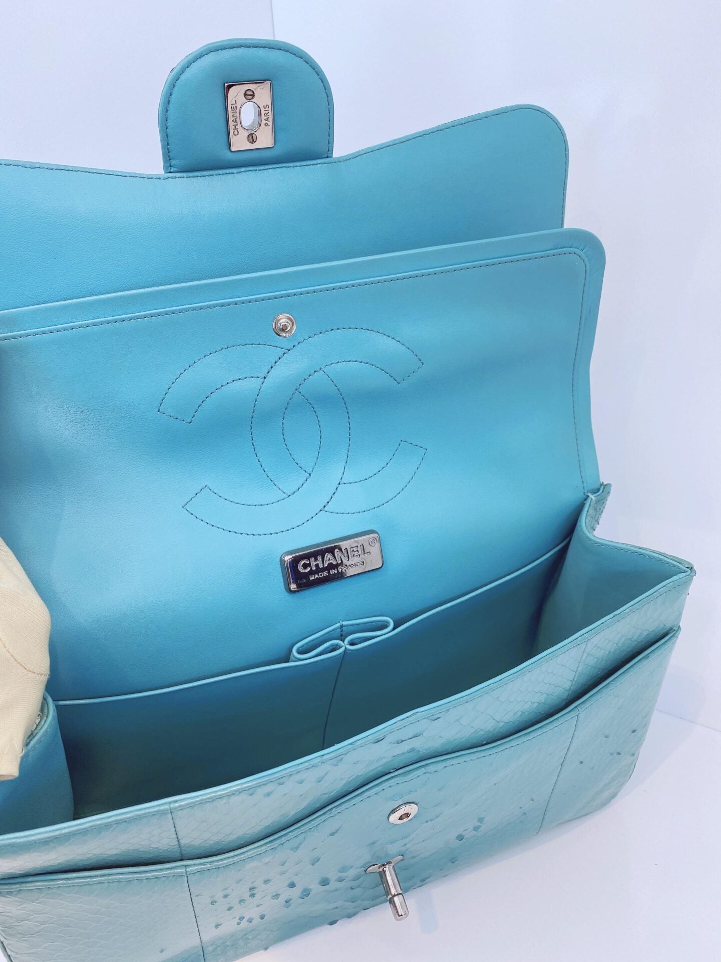 TURQUOISE PYTHON LEATHER JUMBO CLASSIC DOUBLE FLAP HANDBAG SILVER HARDWARE