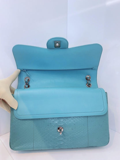 TURQUOISE PYTHON LEATHER JUMBO CLASSIC DOUBLE FLAP HANDBAG SILVER HARDWARE