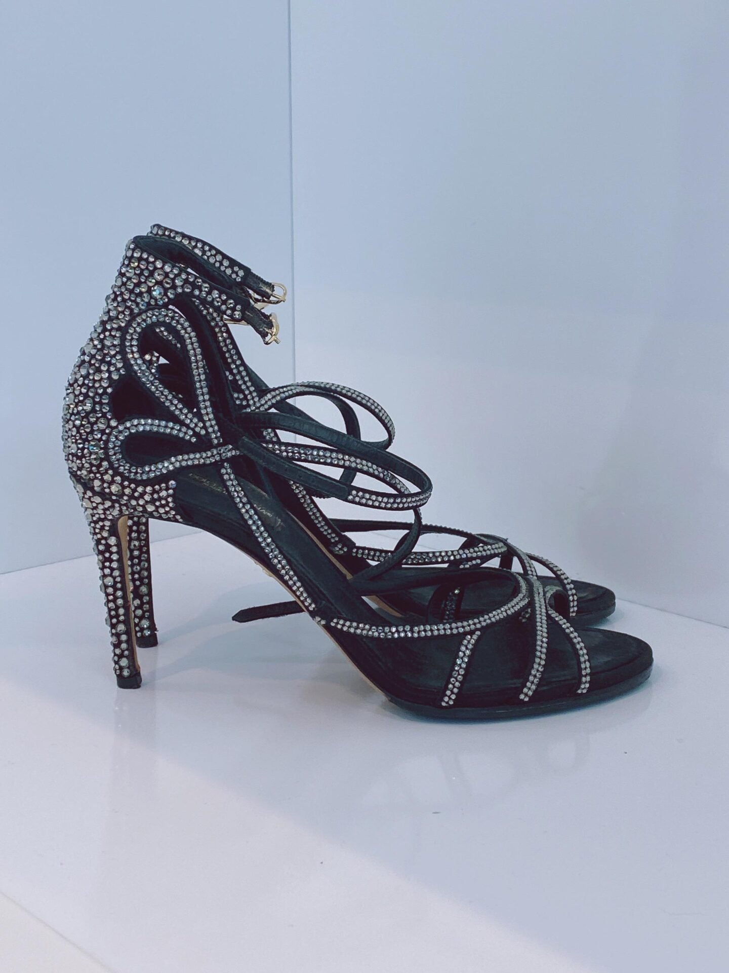 BLACK RHINESTONE EMBELLISHED SANDALS 38.5