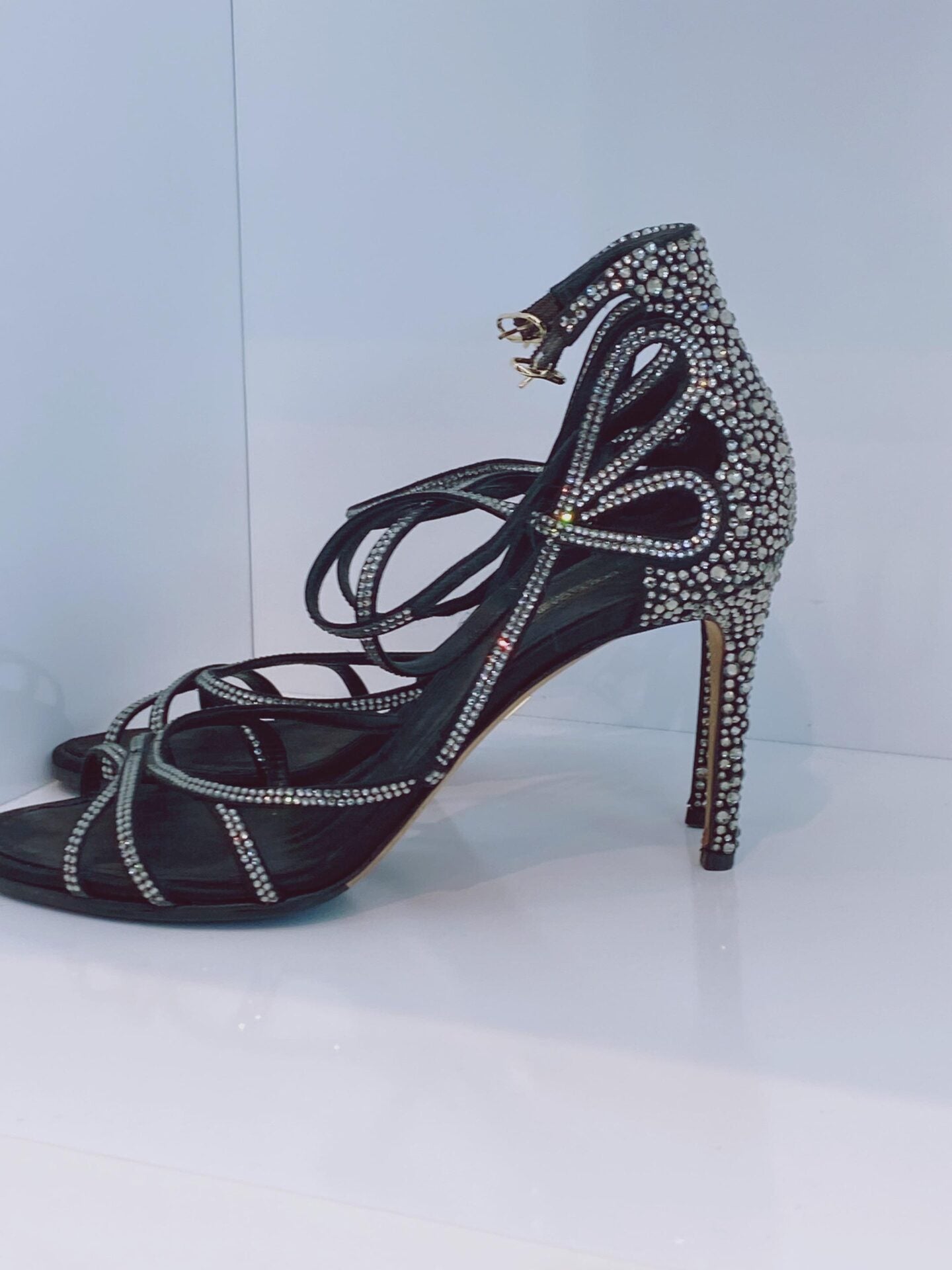 BLACK RHINESTONE EMBELLISHED SANDALS 38.5