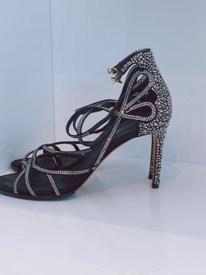 BLACK RHINESTONE EMBELLISHED SANDALS 38.5