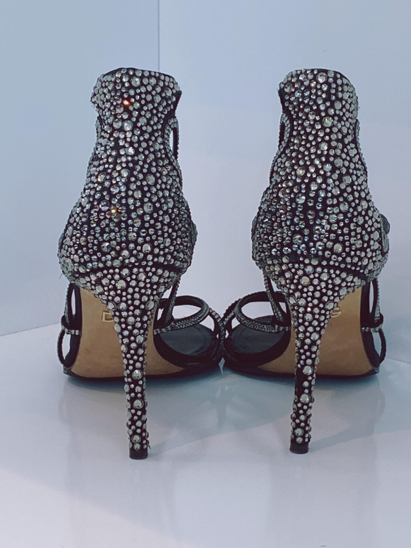 BLACK RHINESTONE EMBELLISHED SANDALS 38.5