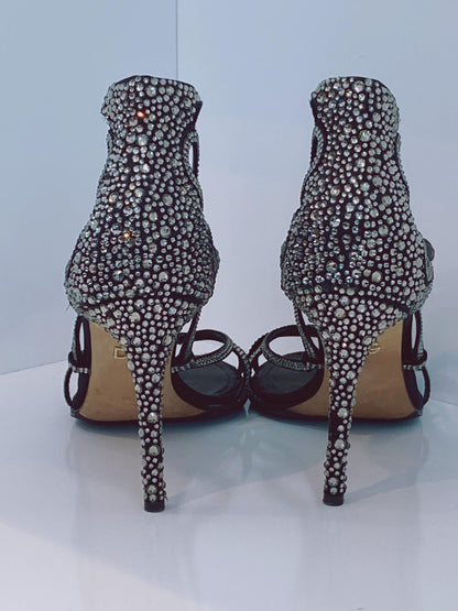 BLACK RHINESTONE EMBELLISHED SANDALS 38.5