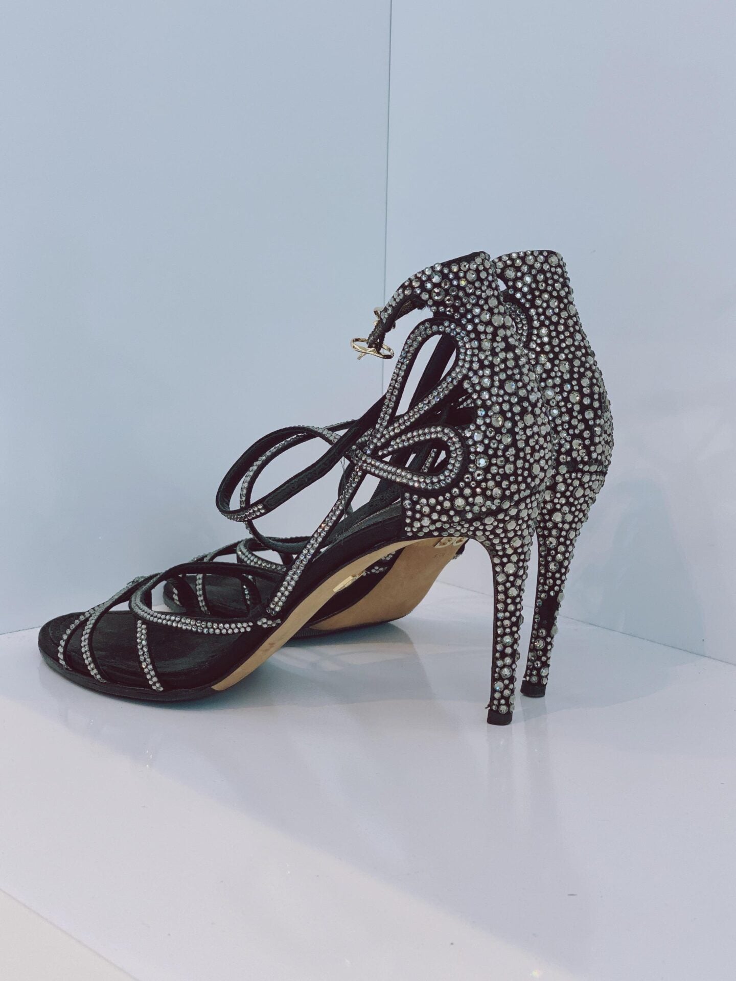 BLACK RHINESTONE EMBELLISHED SANDALS 38.5