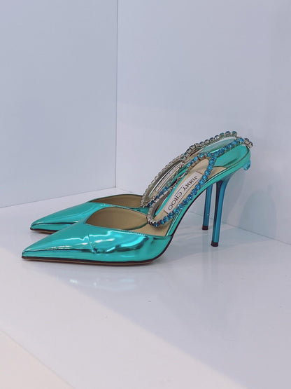 TURQUOISE PATENT LEATHER SAEDA CRYSTAL EMBELLISHED POINTED TOE PUMPS 39
