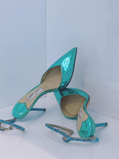 TURQUOISE PATENT LEATHER SAEDA CRYSTAL EMBELLISHED POINTED TOE PUMPS 39