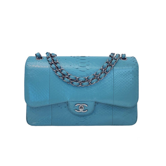 TURQUOISE PYTHON LEATHER JUMBO CLASSIC DOUBLE FLAP HANDBAG SILVER HARDWARE