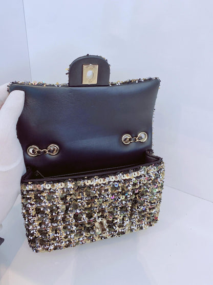 BLACK GOLD SEQUINS CLASSIC RECTANGULAR MINI FLAP BAG