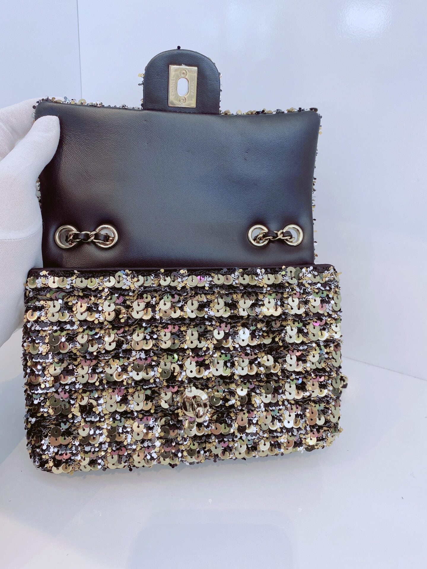BLACK GOLD SEQUINS CLASSIC RECTANGULAR MINI FLAP BAG