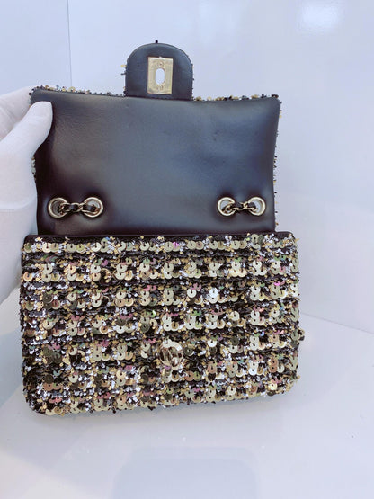BLACK GOLD SEQUINS CLASSIC RECTANGULAR MINI FLAP BAG