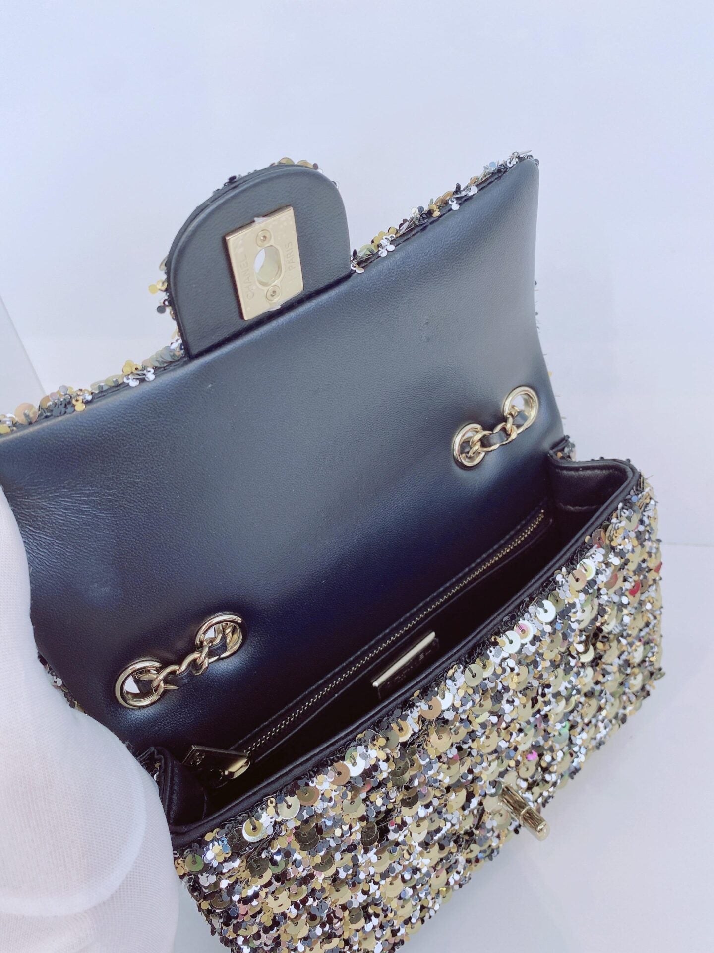 BLACK GOLD SEQUINS CLASSIC RECTANGULAR MINI FLAP BAG