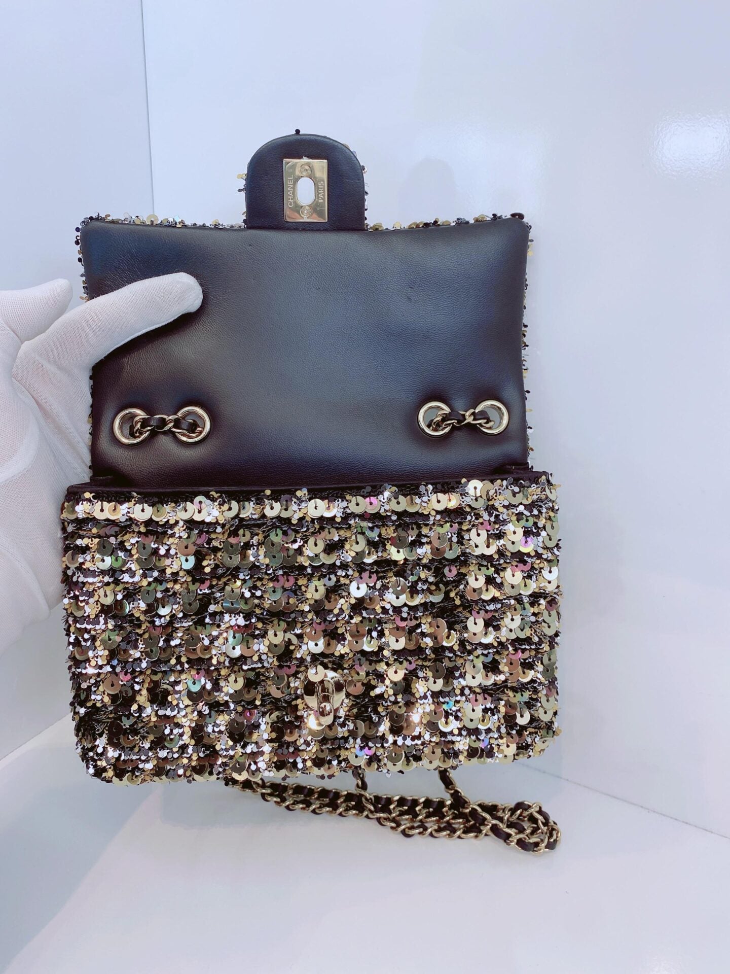 BLACK GOLD SEQUINS CLASSIC RECTANGULAR MINI FLAP BAG