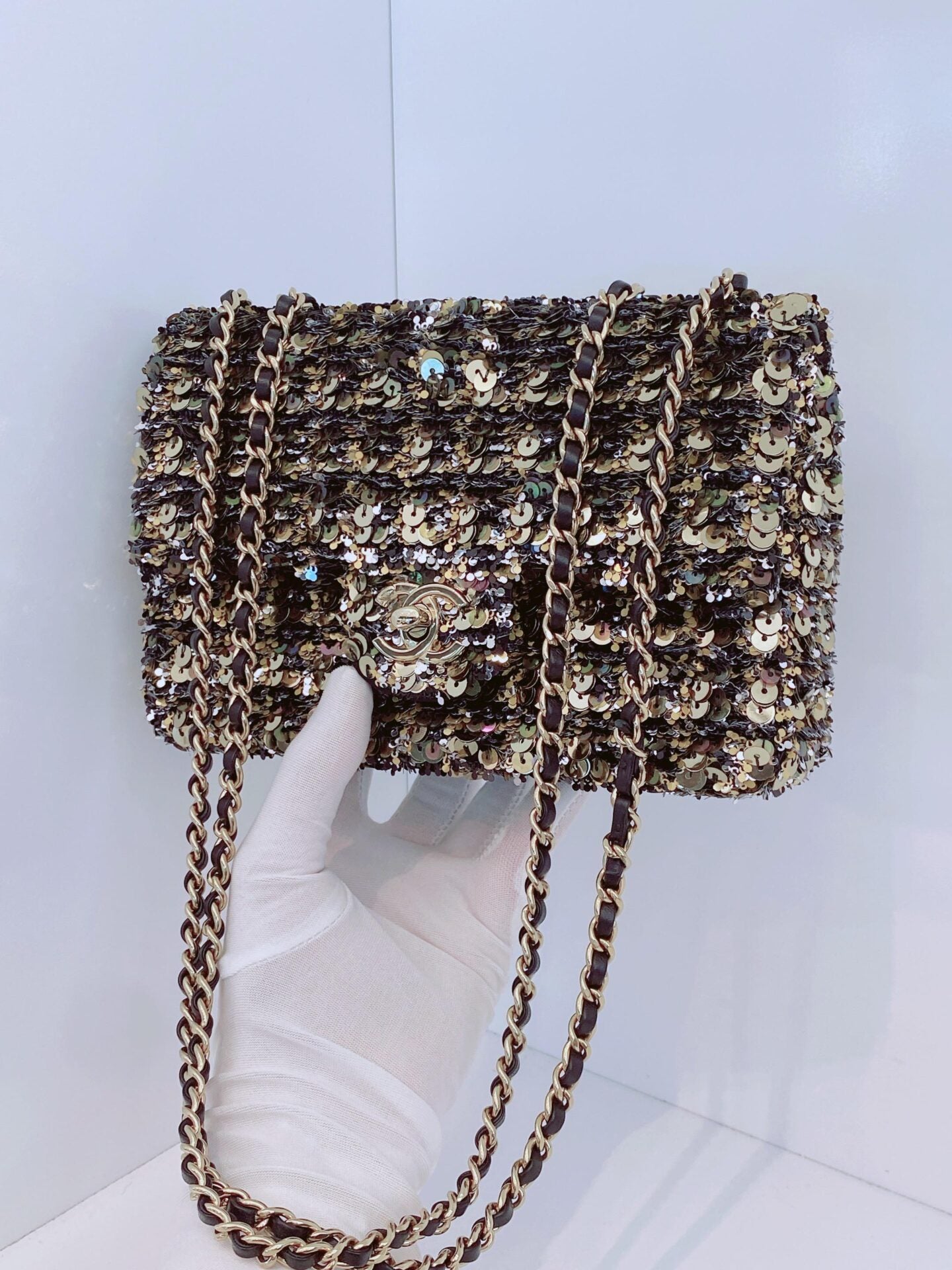 BLACK GOLD SEQUINS CLASSIC RECTANGULAR MINI FLAP BAG