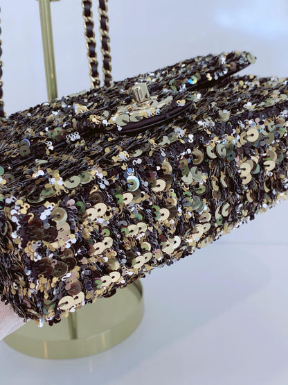 BLACK GOLD SEQUINS CLASSIC RECTANGULAR MINI FLAP BAG