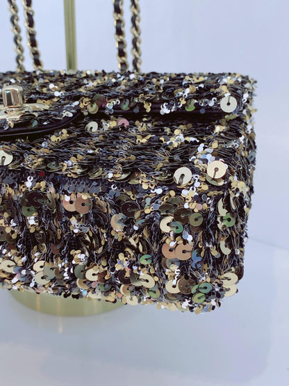 BLACK GOLD SEQUINS CLASSIC RECTANGULAR MINI FLAP BAG