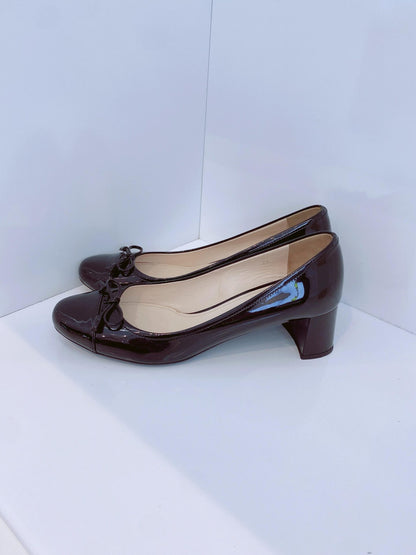 BLACK PATENT LEATHER CAP TOE BLOCK HEELP PUMPS 37.5